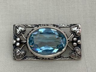 Outstanding Arts & Crafts Period Silver Pin Brooch With Facet Cut Blue Crystal.