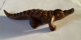 Vintage Hand Carved WOOD Alligator/ Crocodile 9” Long Sparkling Eyes 3