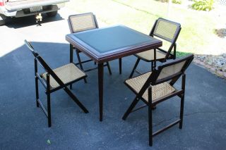 1950s Stakmore Folding Card Table With Four Cane Back And Seat Chairs