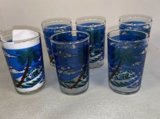 Vintage Rare Libbey Juice Glasses Set 6 3 1/2” Palm Trees/ Ocean Waves