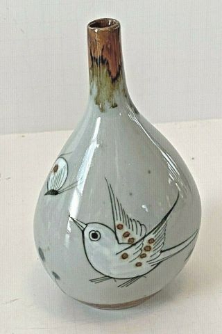 Vintage Ken Edwards Mexico Glazed Pottery Weed Vase Peace Bird Butterfly Flowers
