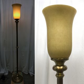 Vtg Torchiere Floor Lamp Glass Shade Art Deco Hollywood Regency " Antique Brass "