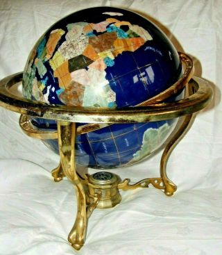 Large Gemstone Set Globe On Brass Frame With Compass,  Lapis 104cms Circumference