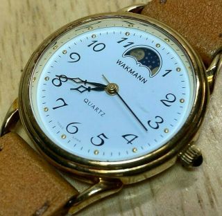 Vintage Wakman Mens Gold Tone Moon Phase Analog Quartz Watch Hours Battery