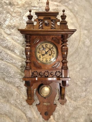 Vintage Antique Germany F.  M.  S.  Keywound Wall Striking Clock,  Walnut & Pendulum