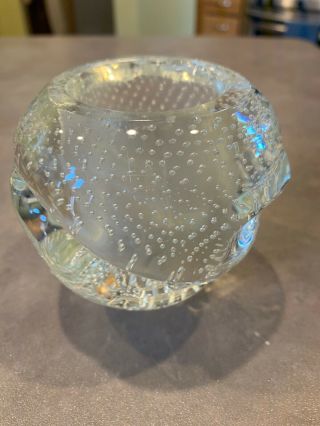 Vintage Murano Art Glass Controlled Bubbles Fused Form Candle Holder Clear 2