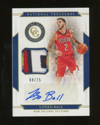 2019 - 20 Panini National Treasures Lonzo Ball Pelicans 3 - Color Patch Auto 8/25