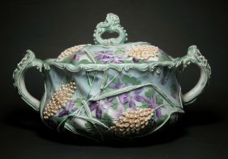 Antique Nippon Art Pottery Porcelain Moriage Covered Bowl Violets