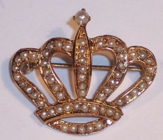 Regal Antique 14k Solid Gold Seed Pearl Crown 1 1/8 " Brooch Pin Xc