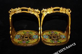 6 " Collect Old China Bronze Cloisonne Enamel Gilt Stirrup Saddle Iron Pair