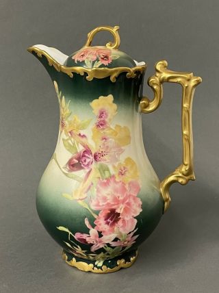 Antique T & V Limoges Floral Teapot Gold Trim Hand Painted Chocolate Coffee Pot