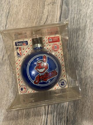 Vintage Mlb Cleveland Indians Chief Wahoo Blue Glass Ball Christmas Ornament