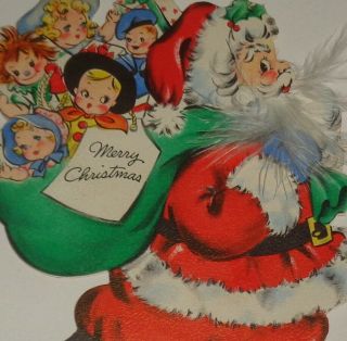 Vintage Christmas Card,  Great Santa Carrying Bag Of Dolls,  5 "