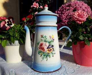 Gorgeous Antique Enameled French Coffee Pot Japy Rose Pansy 1930s Art Deco