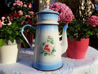 Gorgeous antique enameled french coffee pot Japy rose pansy 1930s Art Deco 2