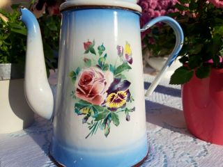 Gorgeous antique enameled french coffee pot Japy rose pansy 1930s Art Deco 3