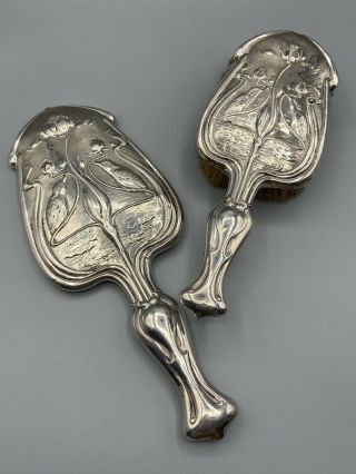 Art Nouveau Silver Hand Mirror And Brush Chester