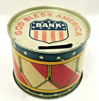 Vintage J.  Chein Tin Litho Patriotic Drum Coin Penny Bank " God Bless America "