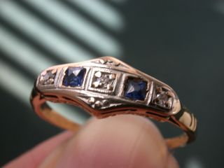 Antique Art Deco 18k Gold Platinum 3genuine Diamond Sapphires Ring Nr Comb Shipp