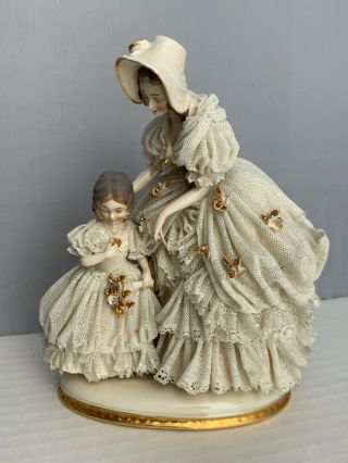 Antique German Dresden Porcelain Lace Figural Group Of Mother And Daughter