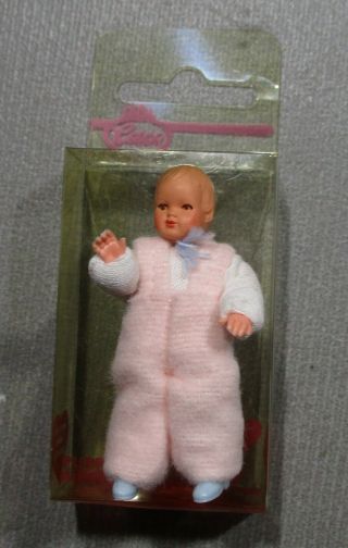 Vintage Dollhouse Miniature Doll - Caco - Germany - Baby In Pink - 2.  25 " - Nib
