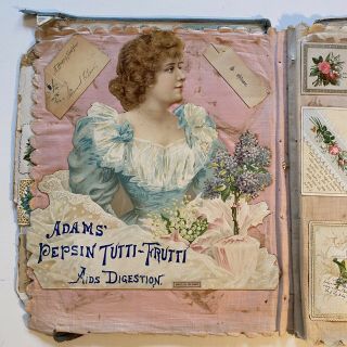 Antique 1890’s Victorian Scrapbook Of Advertising,  Cards,  Menus,  Sewing,  Die Cuts
