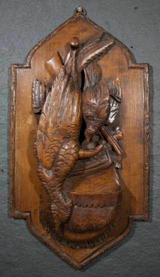 Antique Black Forest Carved Wood Wall Plaque Game Shooting Hunting Pheasant