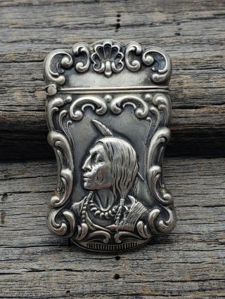 Antique Sterling Silver Repousse Indian Native American Vesta Match Safe Case
