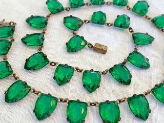 Vintage Antique Art Deco Czech Green Crystal Paste Open Back Bezel Set Necklace