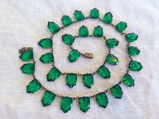 Vintage Antique Art Deco Czech Green Crystal Paste Open Back Bezel Set Necklace 2