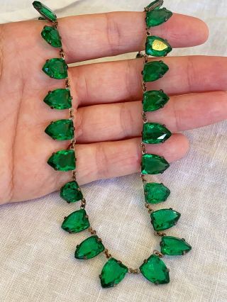 Vintage Antique Art Deco Czech Green Crystal Paste Open Back Bezel Set Necklace 3