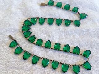 Vintage Antique Art Deco Czech Green Crystal Paste Open Back Bezel Set Necklace 5