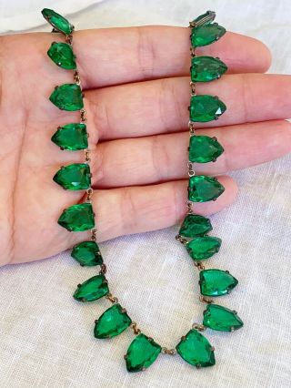 Vintage Antique Art Deco Czech Green Crystal Paste Open Back Bezel Set Necklace 6