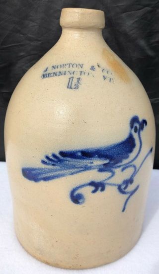Antique 1 1/2 Gal J Norton & Co Bennington Vt Bird Design Stoneware Pottery Jug