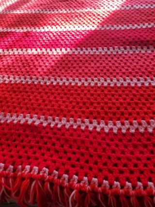 Vintage Hand Crochet Afghan Blanket Throw Handmade 80x54” Red/ Pink