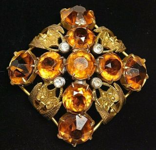 Antique Vtg Button Large Square Honey Amber Paste Jewel In Brass