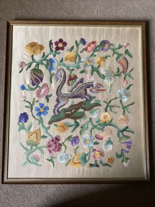 Antique Vintage Embroidery On Silk Dragon Flowers Chinese?