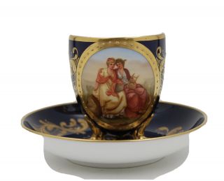 Antique Royal Vienna Hand Painted Incrusted Gold Cobalt Portrait Cup & Saucer