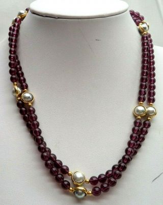 Stunning Vintage Estate Silver Tone Pearl Bead Purple Bead 36 " Necklace 6304x