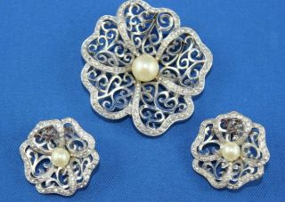 Vintage Jomaz Rhodium Plated Crystal Rhinestone & Faux Pearl Pin & Earring Set