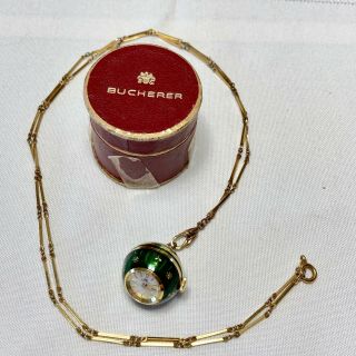 Bucherer Vintage Ball Watch Pendant Emerald Guilloche Enamel W Orig Box Chain