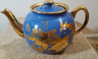 Vintage Sadler England Blue Teapot Gold Florals Brown Inside 5.  5 " Tall