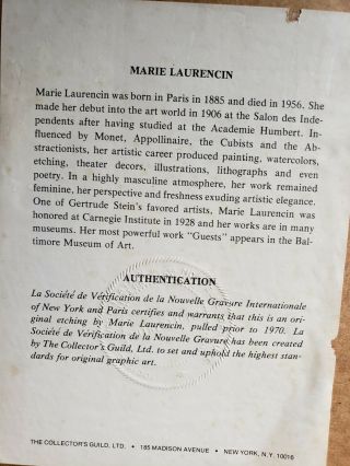 Vintage Marie Laurencin signed and framed W/COA Girl with Mandolin Cert 6