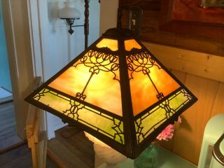 Vintage Antique Arts & Crafts Panel Slag stained Glass Lamp Shade 6