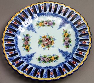 Vintage Portugal Hand Painted Floral Plate Pierced Scalloped Artist Signed 67 