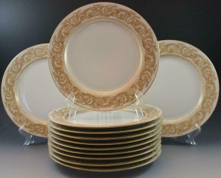 Antique Set Of 12 French Limoges Porcelain Dinner Plates Gold Encrusted By T&v