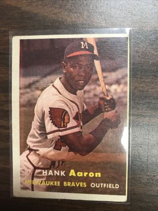 1957 Topps Hank Aaron Milwaukee Braves 20 Baseball Card - Small Ink Markings