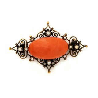 Antique Vintage Nouveau 14k Rose Gold Carved Salmon Coral Seed Pearl Pin Brooch 2