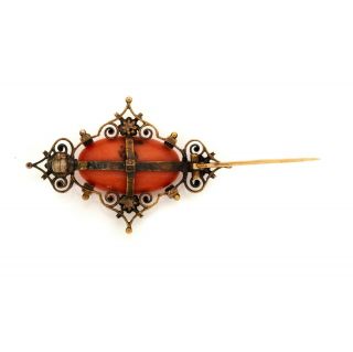 Antique Vintage Nouveau 14k Rose Gold Carved Salmon Coral Seed Pearl Pin Brooch 4