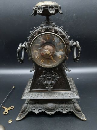 Antique 19thc French ? Bronzed Mantle Clock / Runs Wasp / Insect ? On Dial /key